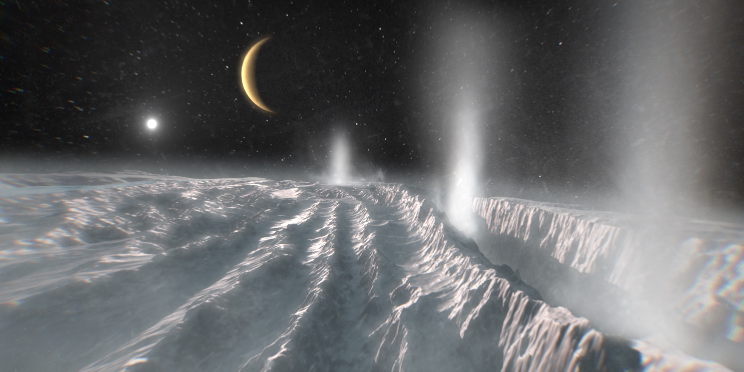 Artist's impression of the plumes at the Tiger Stripes location on Enceladus.