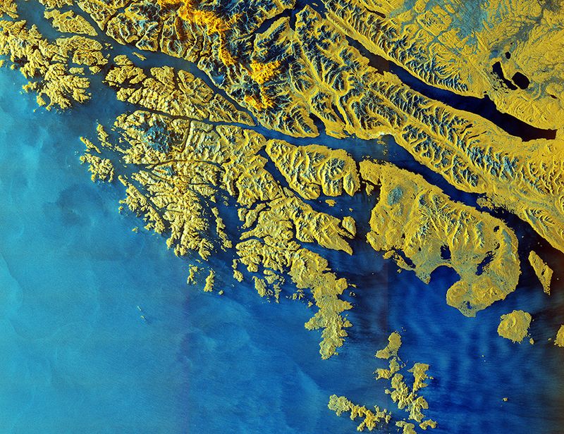 This false-color image of Tierra del Fuego, an archipelago off the tip of South America, is one of the first captured by ESA's new Copernicus Sentinel 1D satellite.