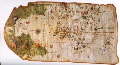 On Juan de la Cosa's 1500 world map, the Americas can be seen as a mysterious green landmass (left).