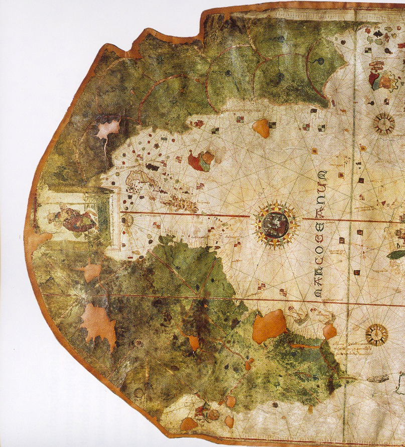 A close-up of Juan de la Cosa's 1500 world map showing the bit that depict the Americas. A close-up of Juan de la Cosa's 1500 world map showing the bit that depict the Americas.
