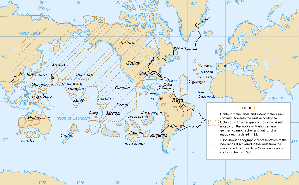 Comparison of coastal outlines on maps of Juan de la Cosa (black line) and Martin Behaim (light dotted line) with the true coastline. Comparison of coastal outlines on maps of Juan de la Cosa (black line) and Martin Behaim (light dotted line) with the true coastline.