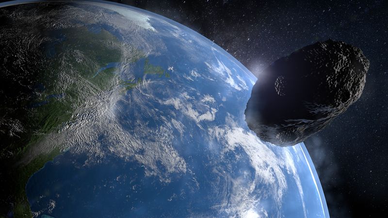 artist impression of a meteorite flying by Earth