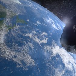 artist impression of a meteorite flying by Earth