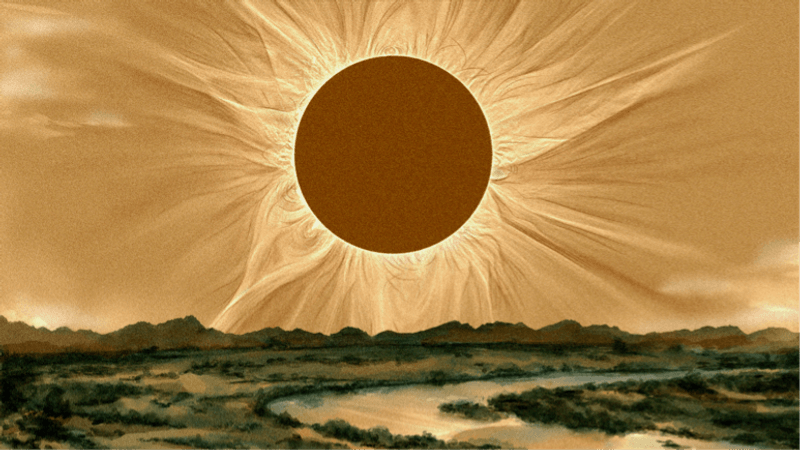 An artist's impression of the total solar eclipse of 709 BCE as seen from Qufu, based on a description written long afterwards and a photograph of the April 2024 solar eclipse.