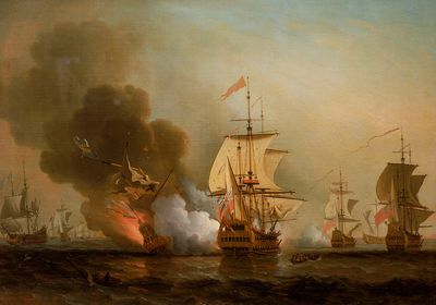 "Wager's Action Off Cartagena", painted by Samuel Scott, shows an attack on the San José by Commodore Charles Wager's Expedition.