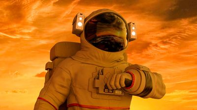 an astronaut checking their wrist for the time