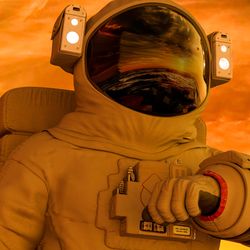 an astronaut checking their wrist for the time