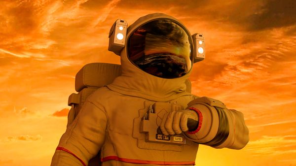 an astronaut checking their wrist for the time