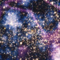 illustration representing the cosmic web, dense star clusters in blues and yellows with filaments of purple overlaying them