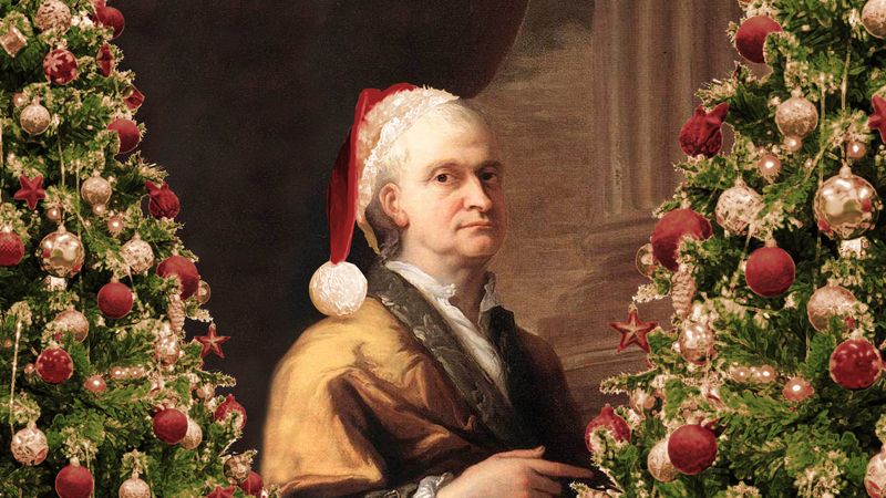 Oil painting of Isaac Newton with a Christmas hat and tree.
