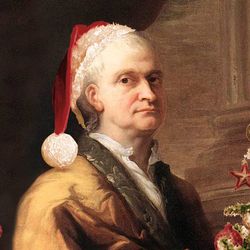 Oil painting of Isaac Newton with a Christmas hat and tree.