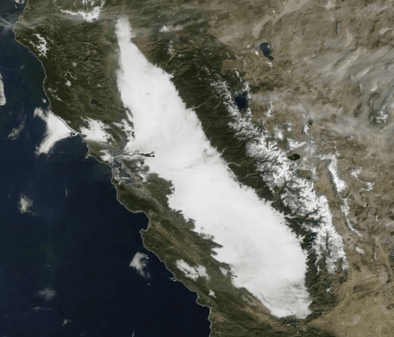 Satellite imagery shows tule fog over California’s Central Valley on Saturday, November 29, 2025.