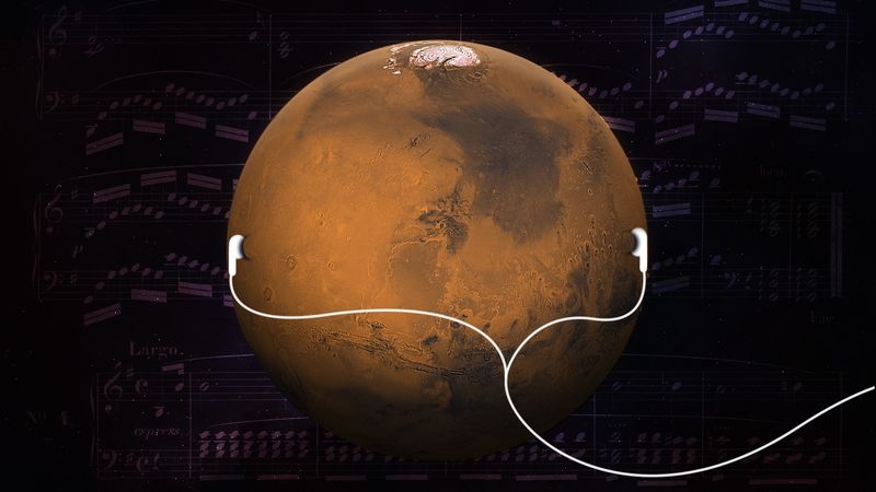 An image of the planet mars with headphones on and music notes around it.