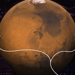 An image of the planet mars with headphones on and music notes around it.