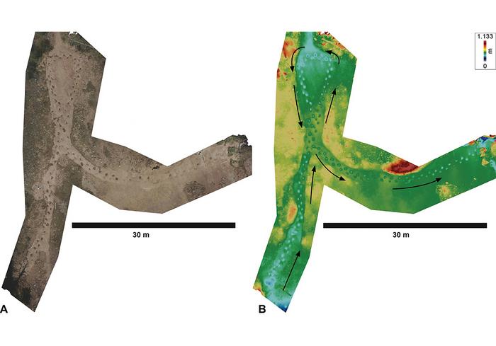 A drone image of the trackway (left), and the same in false color showing the height of the landscape (right)