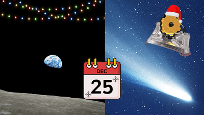 Earthrise photo (left); Halley's comet (bottom right); JWST (top right).