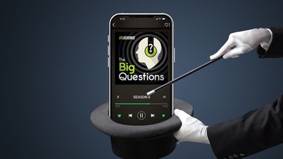 A phone showing season 5 of The Big Questions; a magician is pulling the phone out of a hat with a wand.