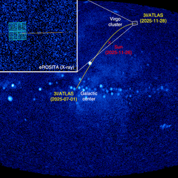 Optical and detailed X-ray view of the region where comet 3I/ATLAS was. The small blue square is the field of view of XRISM. Everything is overlaid onto a full view of the X-ray sky.