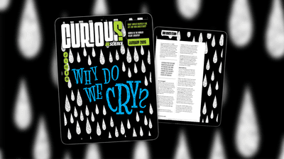 The cover of IFLScience's CURIOUS magazine as shwn on an ipad. The background is black with  hand-drawn white rain/tear drops. The cover line in blue says 'why do we cry?'