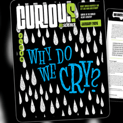 The cover of IFLScience's CURIOUS magazine as shwn on an ipad. The background is black with  hand-drawn white rain/tear drops. The cover line in blue says 'why do we cry?'