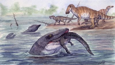 Artist's impression of a mosasaur at Hell Creek eating a crocodile as an apertizer for hadrosaur.