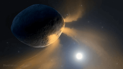 this draing shows an oval asteorid with three jets of gas with the Sun in the background