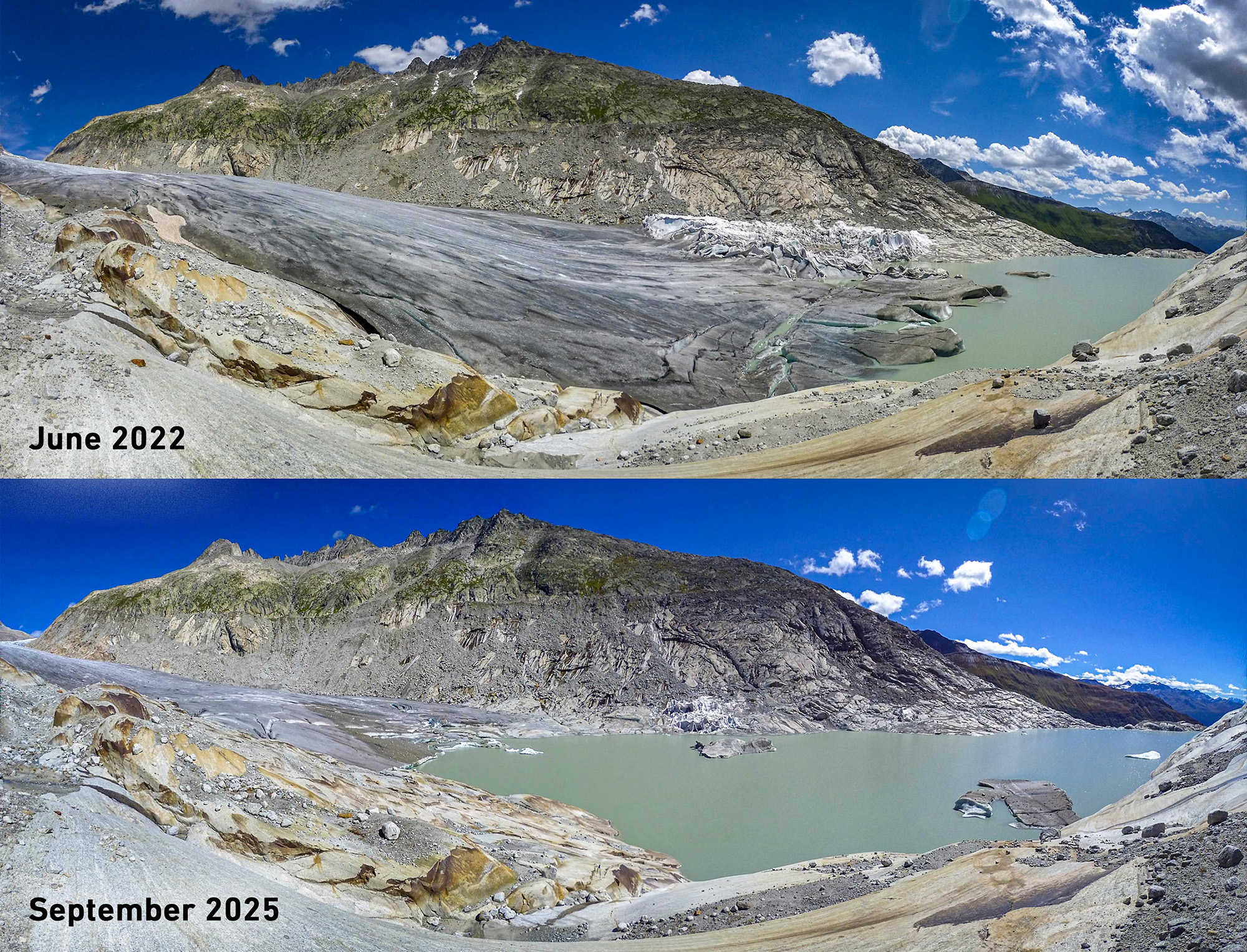 Under extreme warming, even medium-sized glaciers such as the Rhône Glacier shrink dramatically. By 2100, depending on the global warming scenario, only 20 glaciers could remain in the Alps. Under extreme warming, even medium-sized glaciers such as the Rhône Glacier shrink dramatically. By 2100, depending on the global warming scenario, only 20 glaciers could remain in the Alps.