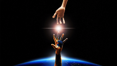 A human hand reaches up towards an alien hand.