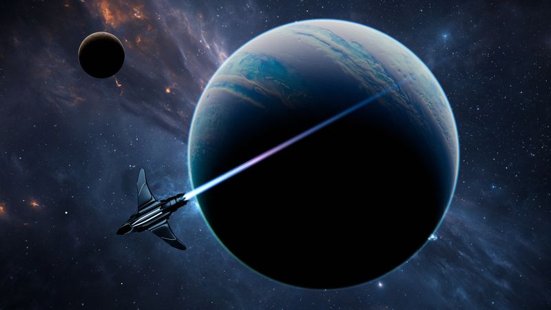 a sci-fi vessel is seen speeding in front of an alien world