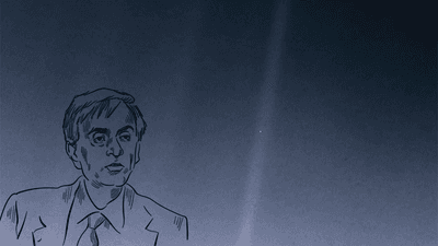 line drawing of carl sagan overlaid on the Pale Blue Dot photo