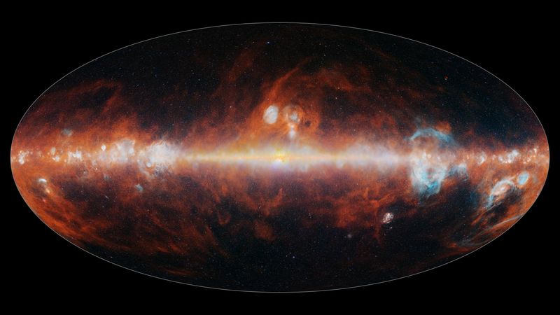 the plane of the milky way is bright and visible but the image is filled with wispy cosmic dust tendrils, and hot bubbles of hydrogen.