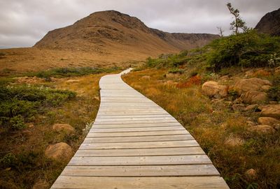 The viewer is looking down a raused wooden foot path over redish rocks that look a bit like Mars but is the Gros Morne National Park in Canada. 