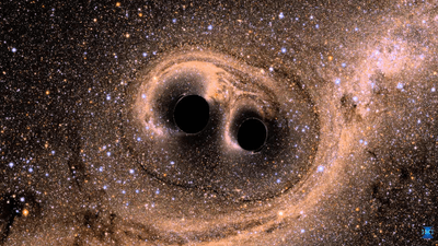 two merging black holes warping space-time in front of a stellar field.