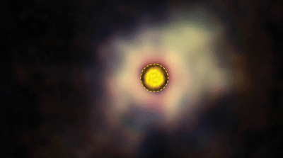 Dust clouds around R Doradus seen in polarized light, combined with an image of its boiling surface.