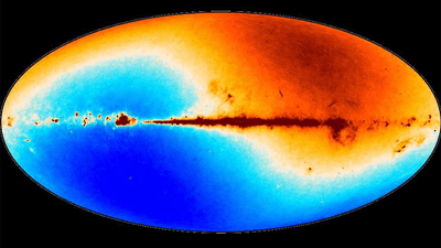 The Cosmic Microwave Background dipole, showing minute temperature differences.