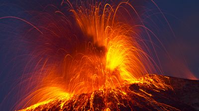 firework-like explosion of lava at the Stromboli volcano