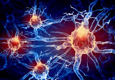 3D illustration of neurons in blue with red and yellow light spots to indicate damage