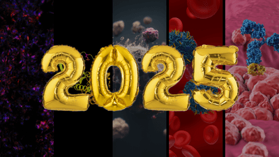 five vertical images of cancer proteins, blood cells etc laid out behind gold balloons spelling out 2025