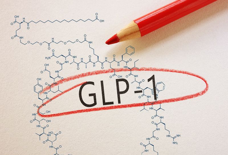 GLP-1 text circled in red pencil with Semaglutide chemical structure, on textured paper
