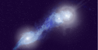Artist's impression of a rare trio of merging galaxies, J121/1219+1035, which host three actively feeding, radio-bright supermassive black holes and whose jets light up the surrounding gas.
