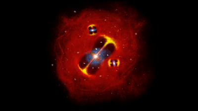 The artist impression shows radio jets from active galaxies are embedded in a hot intracluster atmosphere illustrating a large thermal reservoir of gas in the nascent cluster.