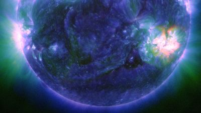An image of the Sun on May 10, 2024. In ultraviolet most of the surface is dark but the active region is incredibly bright