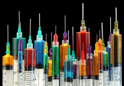 row of many syringes with the needles facing up on a black background, each one filled with brightly coloured liquid