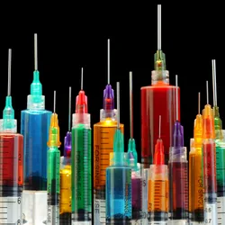 row of many syringes with the needles facing up on a black background, each one filled with brightly coloured liquid