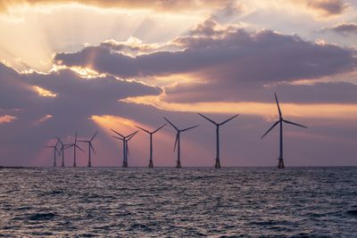An offshore wind turbine farm in the sea with a sunset ehind