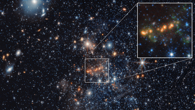 The galaxy is a group of close stars in the middle with many other stars and galaxies ar visible in the background. The inset shows a group of star with a green glow around them, which is the dust.