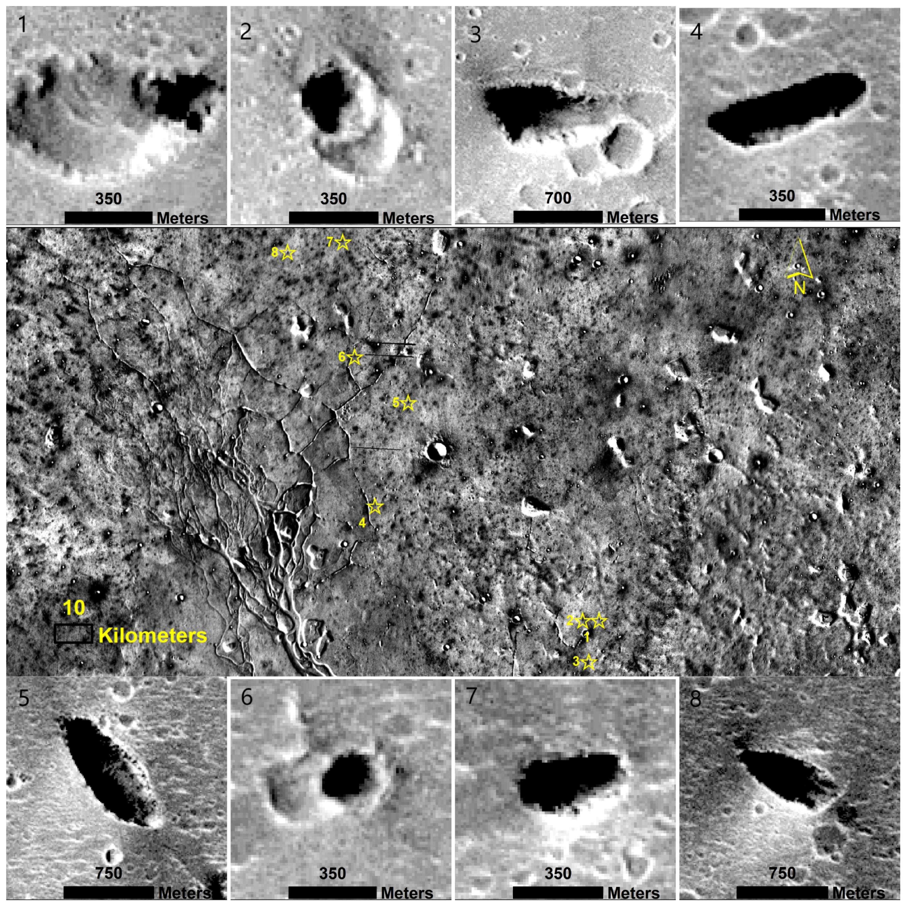 Hebrus Valles potential karst skylights marked in yellow and close-ups of the eight candidates Hebrus Valles potential karst skylights marked in yellow and close-ups of the eight candidates