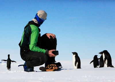 An antarctica researchers on the ice snow with pengiuns