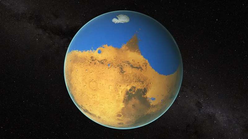 Artist's impression of mars. The planet northern hemisphere is covered in blue water