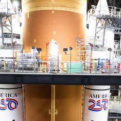 The main recock and the top of the two boosters are visible in this image of NASA’s huge Space Launch System (SLS) rocket as seen inside the Vehicle Assembly Building before rollout on January 17.